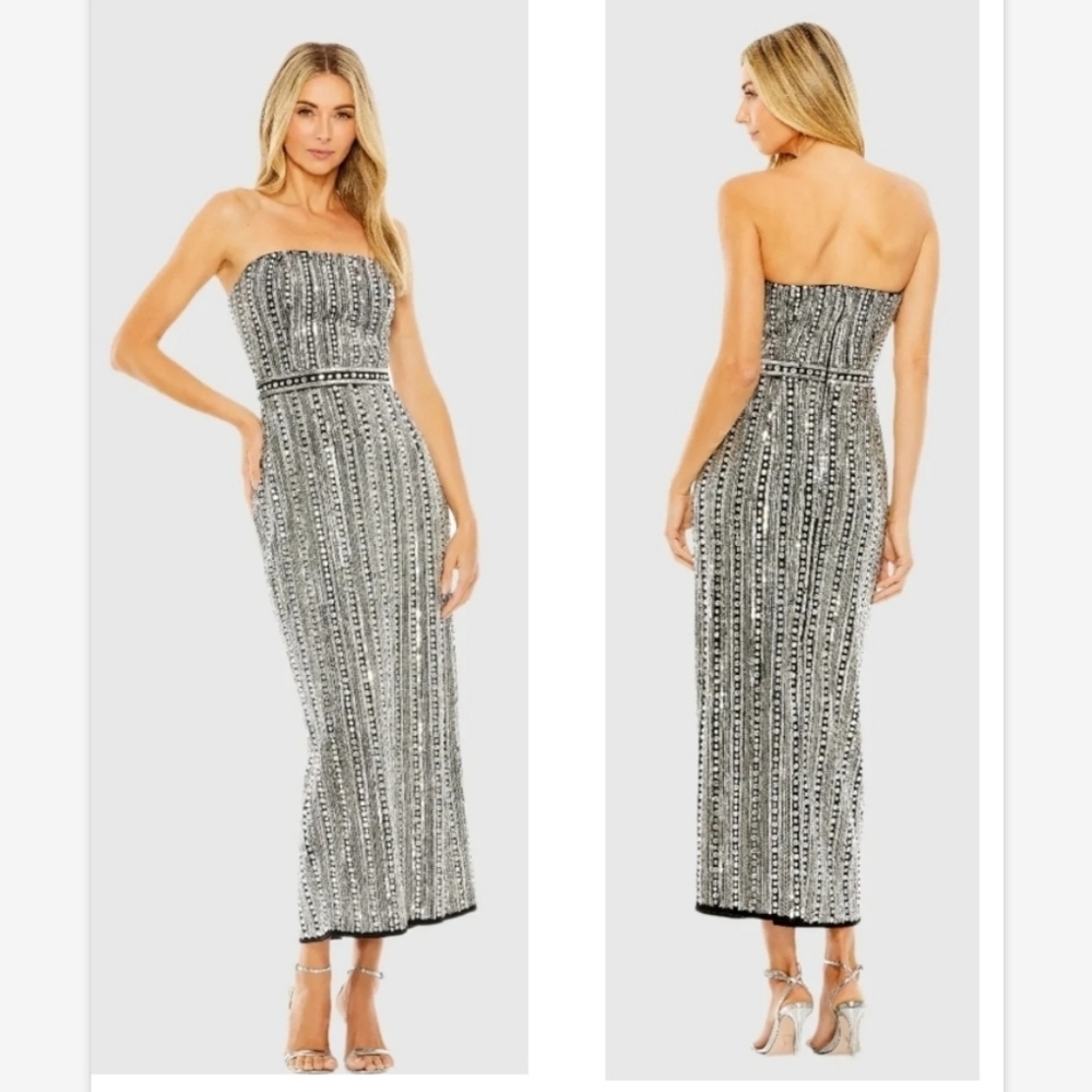NWT Mac Duggal Black and Silver Embellished Strapless Sheath Dress SZ 12 93831